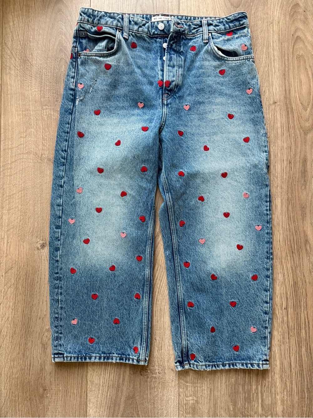 Blue Denim Jeans with Red Heart Print